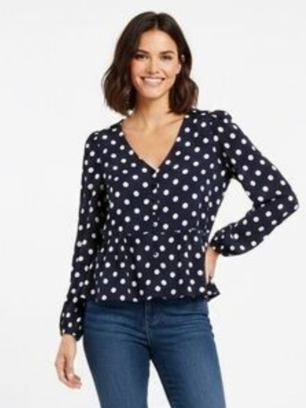NWT $90 J. Crew Polka Dot L/S V Neck Blouse Navy w/ White Polka Dots - size 2!